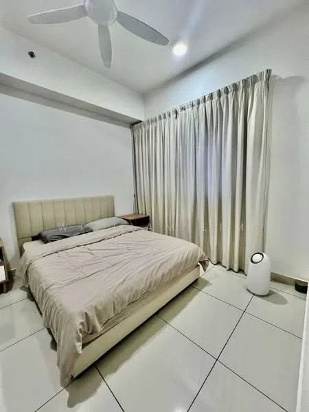 Bedroom features: queen-size bed with upholstered headboard, beige bedspread, 2 bedside tables, white curtains, floor-to-ceiling window, ceiling fan, white walls, glossy tile flooring, air purifier, decorative plant; style: modern.