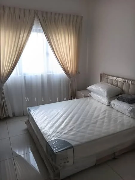 Bedroom features: queen-size bed, upholstered headboard, white bedding, two white pillows, two additional pillows, floor-to-ceiling window, sheer curtains, cream curtains, white painted walls, glossy tile flooring; style: modern.