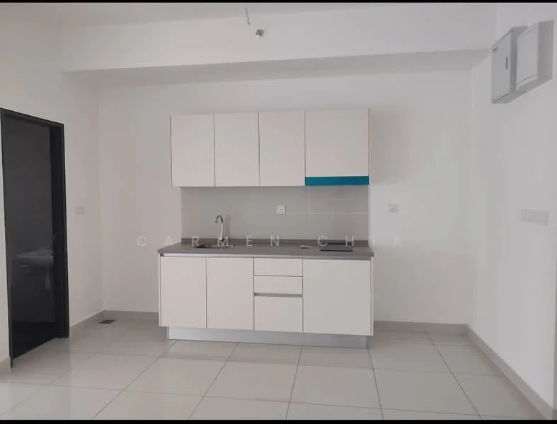 Kitchen features: white cabinetry with blue accent, grey countertop, single-bowl stainless-steel sink, chrome pull-down faucet, ceramic tile flooring, wall-mounted split AC, white painted walls, recessed downlights; style: modern.