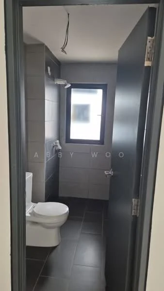 Bathroom features: one-piece toilet, single-sink vanity, framed mirror, shower with glass enclosure, grey tile walls, dark tile flooring, window, wall-mounted shower head; style: modern.