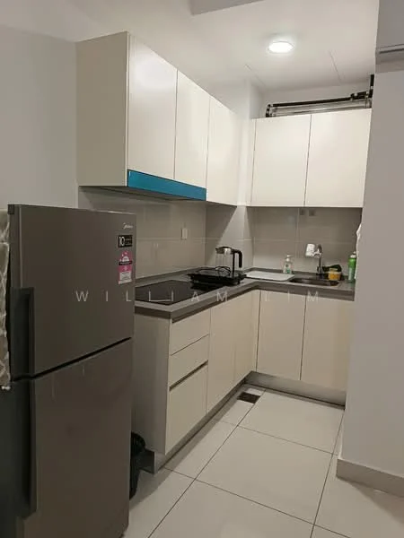Kitchen features: white laminate cabinetry, blue accent cabinet, grey countertop, stainless-steel single-bowl sink, chrome pull-down faucet, built-in stove, refrigerator, wall-mounted cabinets, ceramic tile flooring, recessed downlights; style: modern.