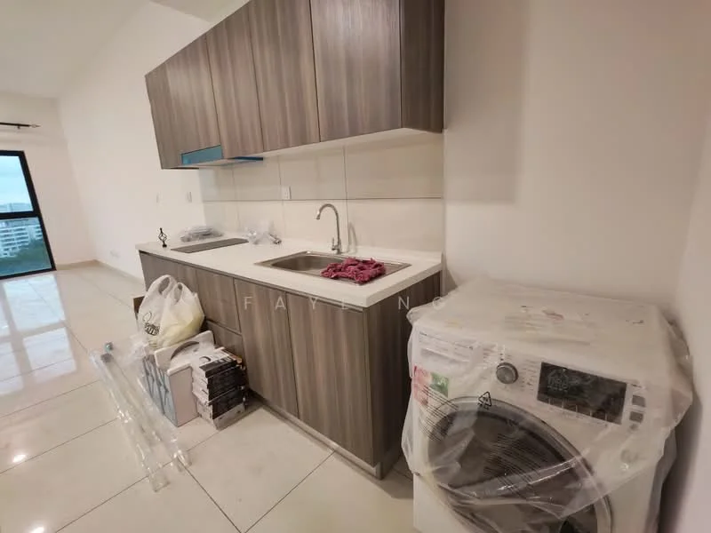 Kitchen features: laminate cabinetry in wood finish, white quartz countertop, single-bowl stainless-steel sink, chrome pull-down faucet, built-in washing machine, ceramic tile flooring, white tiled backsplash, recessed downlights; style: modern.
