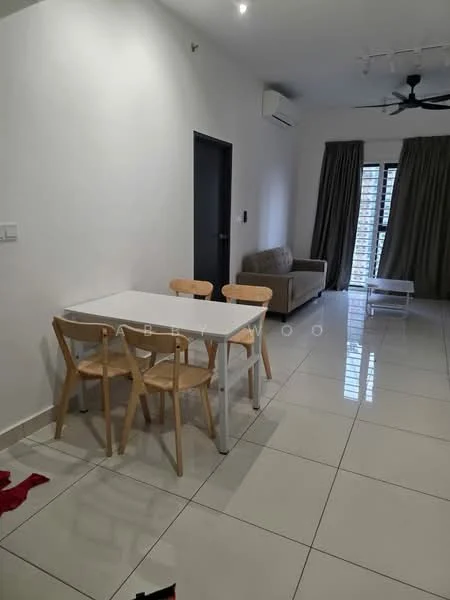 Living features: white painted walls, glossy tile flooring, 5-blade ceiling fan with light, sofa in beige fabric, dining table with white surface, 3 wooden chairs, floor-to-ceiling windows with sheer curtains, curtains in dark grey, air conditioning unit on wall; style: modern.