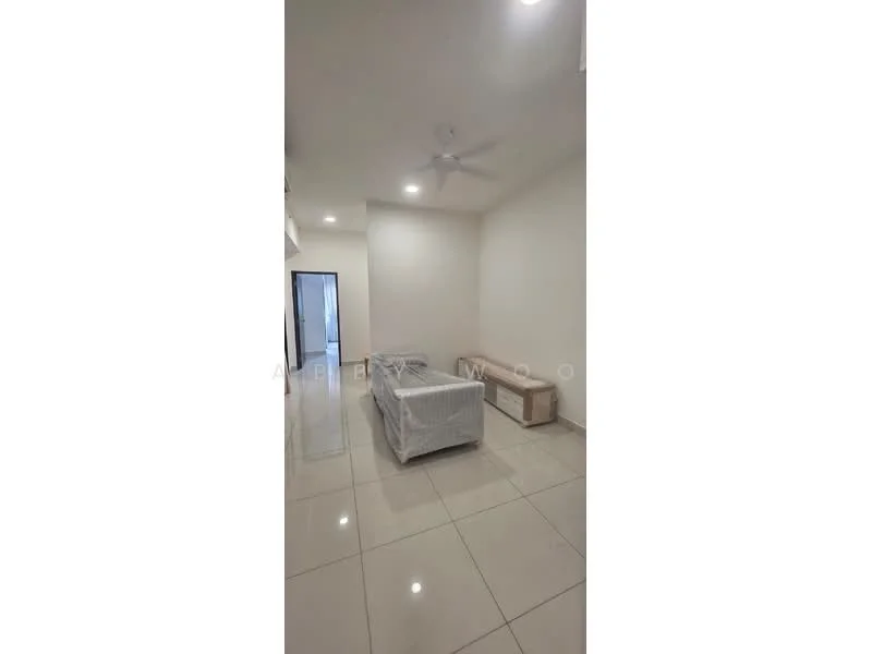 Living features: white painted walls, glossy ceramic tile flooring, 5-blade ceiling fan with light, sofa covered with protective wrap, wooden coffee table, recessed downlights; style: modern.