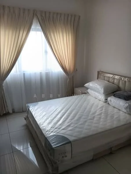 Bedroom features: queen-size bed, white bed frame, white bedding, two pillows, cream curtains, floor-to-ceiling window, white painted walls, glossy tile flooring; style: minimalist.