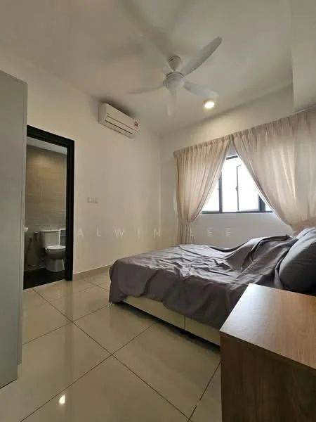 Bedroom features: queen-size bed with grey bedding, wooden bedside table, floor-to-ceiling window with sheer curtains, white painted walls, tile flooring, 5-blade ceiling fan, wall-mounted split AC, built-in wardrobe with sliding doors; style: modern. Bathroom features: toilet, sink, tile cladding, mirror, light fixture.