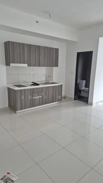Kitchen features: grey laminate cabinetry, white countertop, single-bowl stainless-steel sink, chrome pull-down faucet, built-in stove, white tiled backsplash, ceramic tile flooring, recessed downlights; style: modern. Room features: white painted walls, door leading to bathroom, ceramic tile flooring.