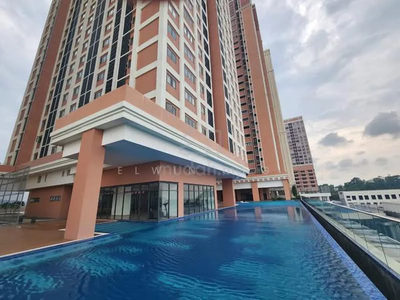Exterior type: high-rise condominium; features: infinity pool, glass railing, outdoor deck, large windows, balconies, pink painted facade, modern architectural design, surrounding greenery; style: modern.