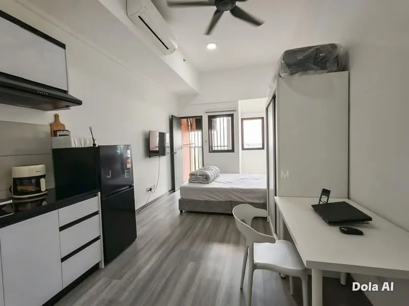 Room features: kitchenette with black cabinets, white countertop, stainless-steel sink, built-in microwave, coffee machine, refrigerator, wall-mounted TV, queen-size bed, white bedding, study desk with chair, ceiling fan, air conditioning unit, large window with natural light, laminate flooring in light grey, wall-mounted shelves; style: modern; view: city.