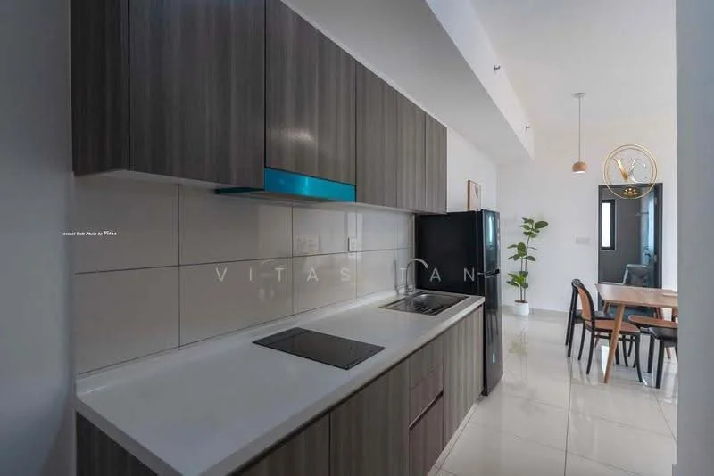 Kitchen features: dark wood cabinetry, white quartz countertop, built-in induction cooktop, stainless-steel refrigerator, white tiled backsplash, single-bowl stainless-steel sink, chrome pull-down faucet, recessed downlights, pendant light, open layout, dining area visible, floor-to-ceiling windows; style: modern.