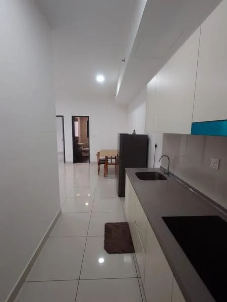 Kitchen features: white cabinetry, grey countertop, single-bowl stainless-steel sink, chrome pull-down faucet, built-in refrigerator, ceramic tile flooring, recessed downlights, wall-mounted cabinets, back wall with splashback, open layout to dining area; style: modern. Room features: dining table with chairs, open space leading to living area.