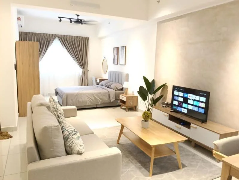 Living features: 3-seater fabric sofa in light grey, coffee table in wood, TV console in white with wood accents, wall-mounted TV, area rug with geometric pattern, floor-to-ceiling window with sheer curtains, ceiling fan, decorative plant in pot, wall with textured finish, decorative mirror, framed artwork on wall; style: modern. Bedroom features: queen-size bed with grey upholstered headboard, bedding in grey, nightstand in wood, wall-mounted mirror, wardrobe, curtains in neutral tone; style: modern.