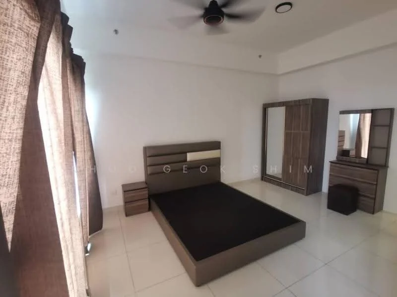 Bedroom features: queen-size bed with upholstered headboard, white painted walls, tile flooring, ceiling fan, floor-to-ceiling windows with sheer curtains, wooden wardrobe, wooden dresser, small bedside table; style: modern.