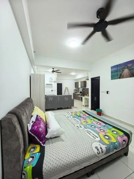Bedroom features: queen-size bed with colorful bedding, upholstered headboard, 2 bedside pillows, ceiling fan with light, recessed ceiling lights, white painted walls, tiled flooring, decorative wall art, built-in wardrobe, open space leading to living area; style: modern.