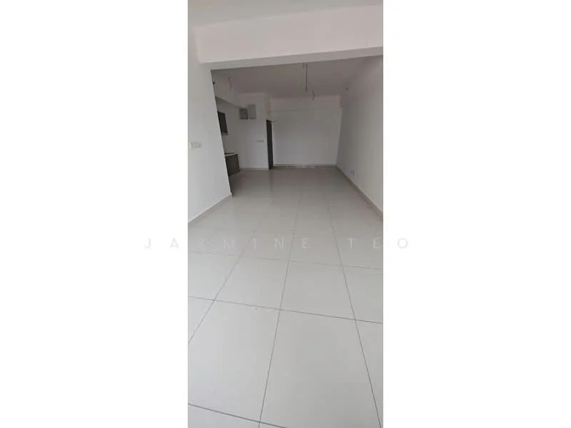 Room features: white painted walls, glossy ceramic tile flooring, open layout, ceiling with exposed wiring, no visible furniture or decor, large open space, natural light from windows, neutral color scheme; style: modern.
