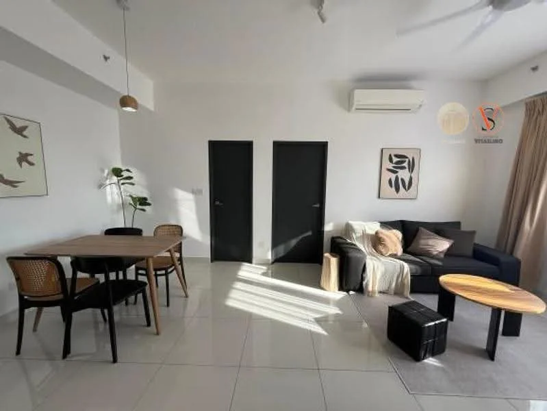 Living features: sofa in dark grey fabric, coffee table in round wood, black storage ottoman, floor-to-ceiling windows, white painted walls, recessed downlights, air conditioning unit on wall, decorative wall art, plant in ceramic pot, dining table with black legs, 4 dining chairs with woven seats; style: modern.