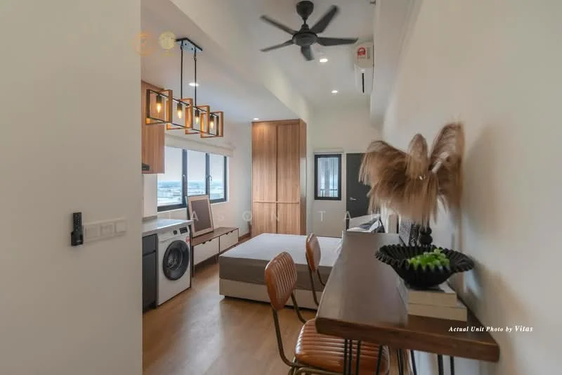 Room features: wooden flooring, white painted walls, ceiling fan, recessed downlights, large window with city view, built-in wardrobe, washing machine, bed frame without mattress, desk with chair, decorative plant, light fixtures, air conditioning unit; style: modern; view: city.