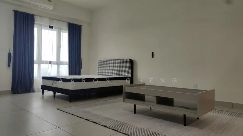 Bedroom features: queen-size bed frame without mattress, grey upholstered headboard, light grey area rug, coffee table with open storage, floor-to-ceiling windows, blue curtains, white walls, tile flooring, wall-mounted AC unit; style: modern; view: city.