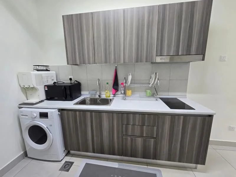 Kitchen features: grey wood cabinetry, white countertop, single-bowl stainless-steel sink, chrome pull-down faucet, built-in stove with hood, microwave, washing machine, tile backsplash, wall-mounted shelves, kitchen utensils, floor tiles, under-cabinet lighting; style: modern.