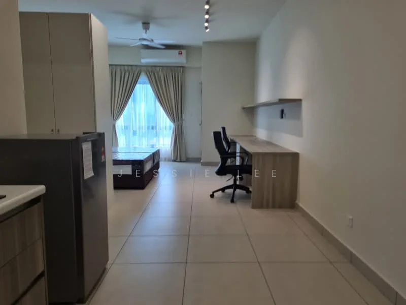 Living features: light-colored walls, tile flooring, 5-blade ceiling fan, large window with sheer curtains, desk with chair, sofa, refrigerator, built-in cabinetry; style: modern.