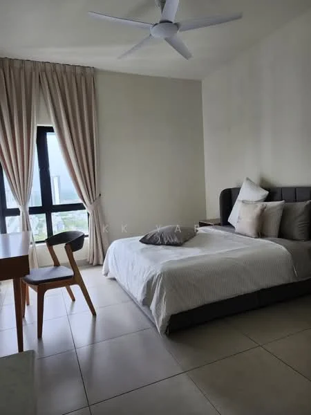 Bedroom features: queen-size bed with grey upholstered headboard, white bedding, two decorative pillows, floor-to-ceiling window, sheer curtains, ceiling fan with light, wooden dining table, two wooden chairs, cream painted walls, tile flooring; style: modern; view: city.