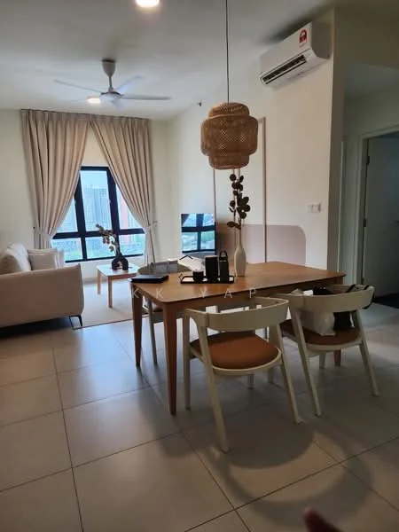 Dining features: dining table with wooden legs, 4 dining chairs with white frames and wooden seats, pendant light fixture, floor-to-ceiling window, sheer curtains, air conditioning unit, light-colored walls, tile flooring, ceiling fan; style: modern; view: city. Living features: 3-seater fabric sofa in light color, coffee table, decorative plant, wall-mounted artwork; style: modern; view: city.