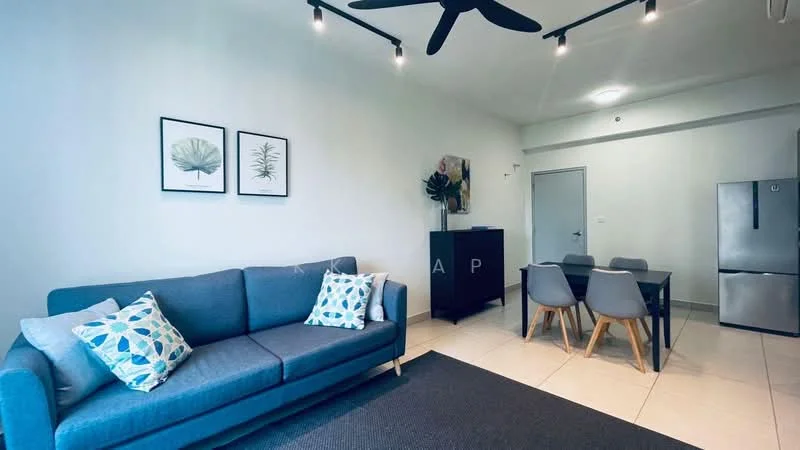 Living features: 3-seater fabric sofa in grey, decorative cushions in blue and white, area rug, wall-mounted artwork with botanical prints, ceiling fan with light, dining table with four chairs, stainless-steel fridge, light-colored tiled flooring, neutral painted walls, sliding door to another room; style: modern.