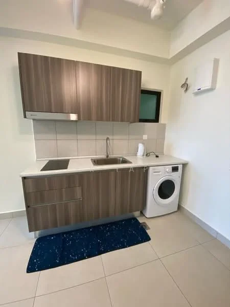 Kitchen features: brown wooden cabinetry, white countertop, single-bowl stainless-steel sink, chrome pull-down faucet, built-in washing machine, white tiled backsplash, grey tiled flooring, wall-mounted water heater, window above sink; style: modern.