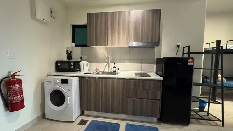 Laundry features: wood cabinetry in brown finish, white countertop, single-bowl stainless-steel sink, chrome pull-down faucet, built-in microwave, black fridge, front-load washing machine, fire extinguisher mounted on wall, tile flooring in light color, grey tiled backsplash; style: modern.