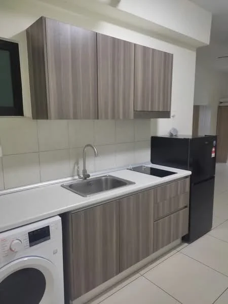 Kitchen features: single-bowl stainless-steel sink, chrome pull-down faucet, laminate countertop, wood cabinetry with brown finish, built-in washing machine, black fridge, white tiled backsplash, white tiled flooring; style: modern.