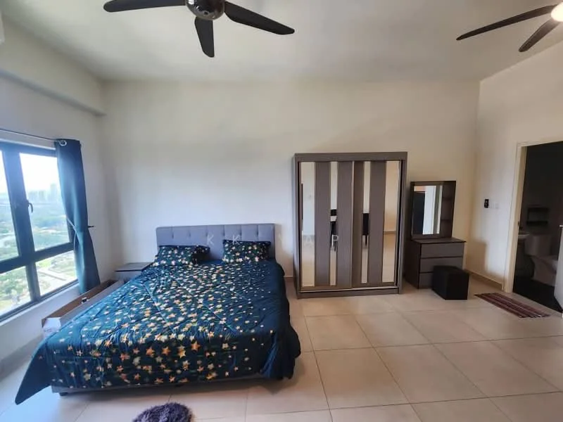 Bedroom features: king-size bed with patterned bedding, upholstered headboard, 2 bedside tables, mirror-fronted wardrobe, chest of drawers, floor-to-ceiling windows, curtains, 2 ceiling fans, tile flooring, decorative area rug; style: modern; view: city.