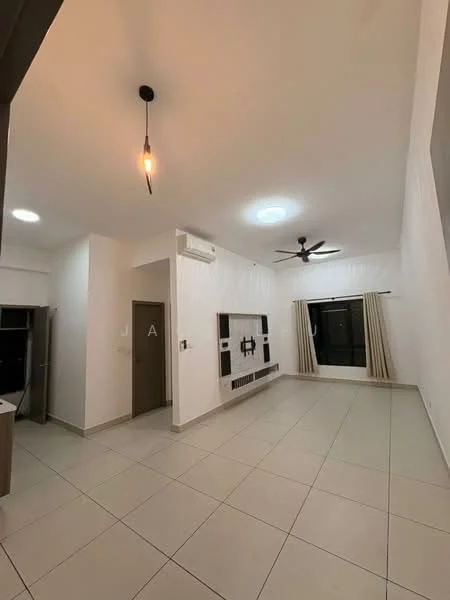 Living features: white painted walls, tile flooring, 5-blade ceiling fan with light, recessed LED downlights, wall-mounted TV, entertainment unit, floor-to-ceiling windows, curtains, air conditioning unit; style: modern.