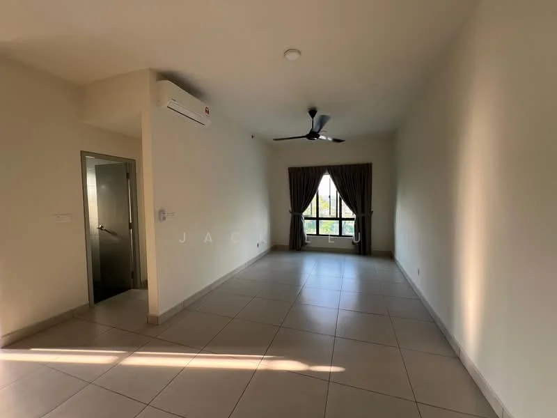 Living features: light beige painted walls, grey tiled flooring, 5-blade ceiling fan with light, floor-to-ceiling window, curtains, wall-mounted split AC, natural light from window, corner window with triangular shape; style: modern; view: garden. Room features: door leading to unknown room.