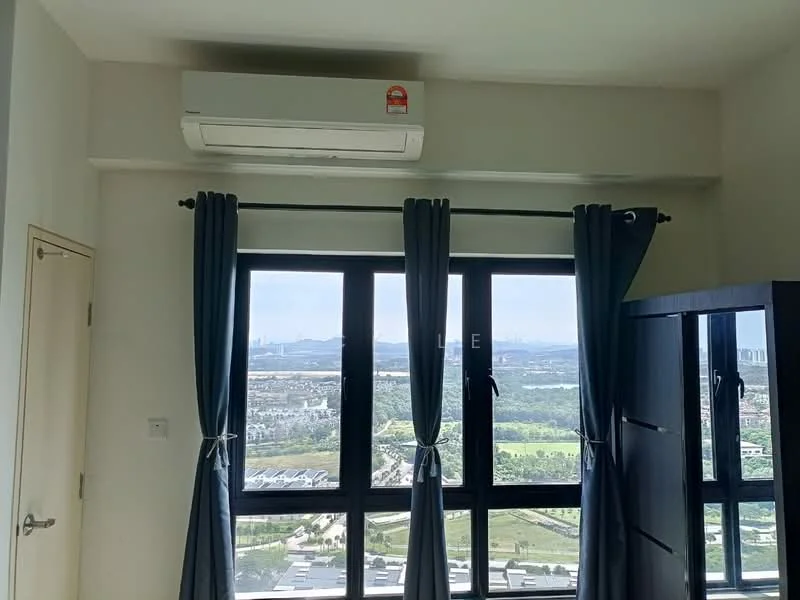 Room features: floor-to-ceiling windows, blackout curtains, 1 wall-mounted split AC, light grey walls, dark wood wardrobe, city view; style: modern; view: city.