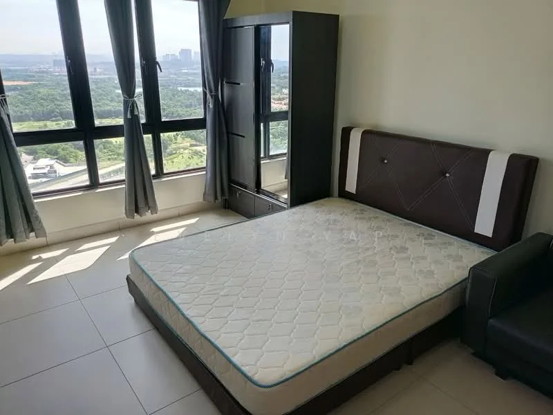 Bedroom features: queen-size bed, upholstered headboard, floor-to-ceiling windows, curtains, light-colored walls, tile flooring, black wardrobe, black leather sofa, city view; style: modern; view: city.
