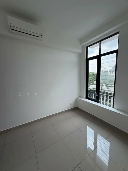 Room features: white painted walls, glossy ceramic tile flooring, floor-to-ceiling windows, 1 wall-mounted split AC, natural light from window, window with black metal grille, neutral color scheme; style: modern; view: garden.