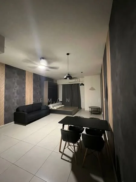 Living features: grey accent wall, wood paneling, white painted walls, recessed downlights, 5-blade ceiling fan, pendant light, sofa in black, dining table with black chairs, tile flooring, curtains, coffee table, area rug; style: modern.