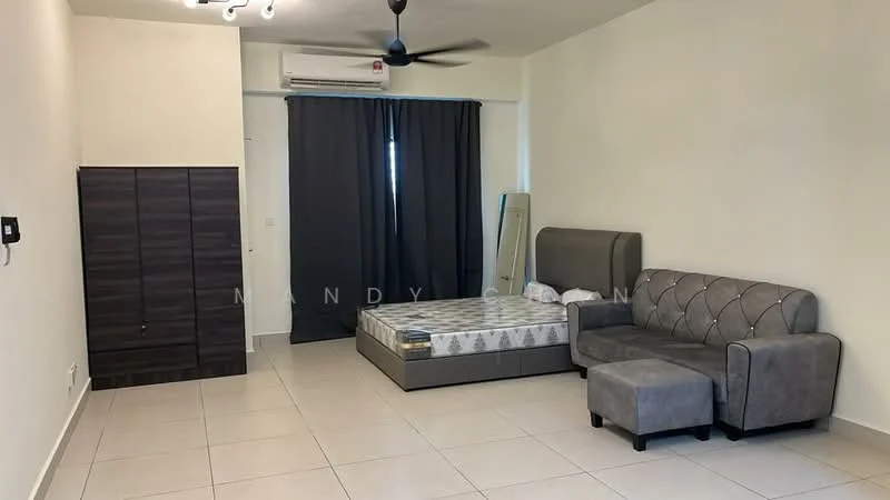 Bedroom features: queen-size bed, upholstered headboard, grey fabric sofa, floor-to-ceiling window with black curtains, wall-mounted air conditioning unit, built-in wardrobe with dark wood finish, tile flooring, mirror, decorative wall, light ceiling fan; style: modern.