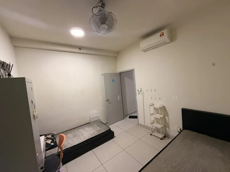 Bedroom features: white painted walls, tile flooring, 5-blade ceiling fan with light, 1 wall-mounted split AC, single bed frame, mattress on bed frame, wardrobe, white shelving unit, door leading to hallway.