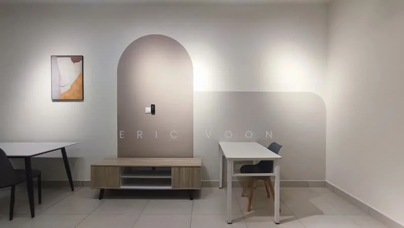 Room features: white painted walls, accent wall in light brown, light-colored tiled flooring, wooden TV console, white dining table, black dining chair, framed artwork on wall, wall-mounted electrical outlet; style: modern.