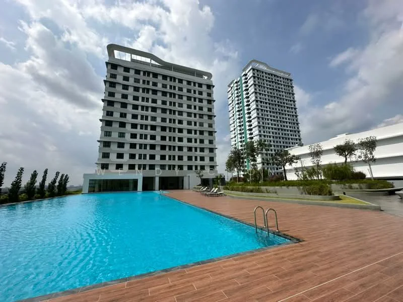 Exterior type: high-rise condominium; features: infinity pool, pool deck with loungers, two high-rise buildings, landscaped garden area, manicured lawn, surrounded by greenery, modern architectural design, large windows on buildings, outdoor seating area, paved walkway; style: modern.