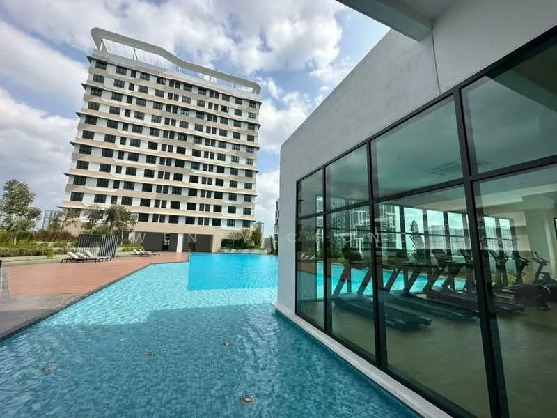 Exterior type: high-rise condominium; features: infinity pool, pool deck with loungers, gym with large windows, landscaped garden, modern architectural design, glass curtain wall, manicured lawn, surrounded by greenery; style: modern.