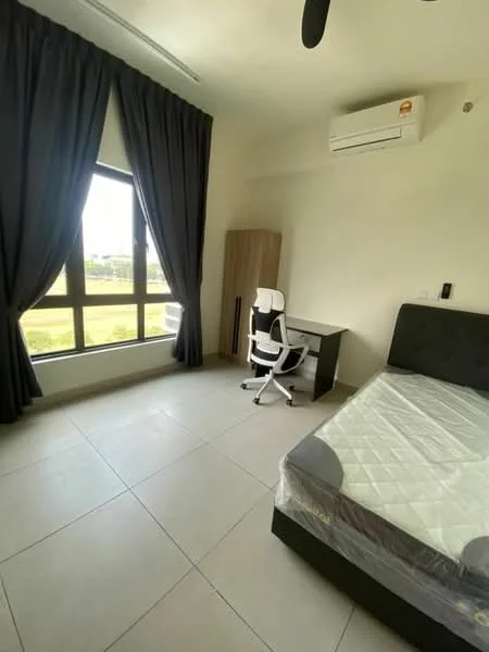 Bedroom features: queen-size bed, black upholstered bed frame, white mattress with protective cover, study desk, white ergonomic office chair, floor-to-ceiling window, blackout curtains, wall-mounted air conditioning unit, light grey tiled flooring, wooden wardrobe; style: modern; view: garden.