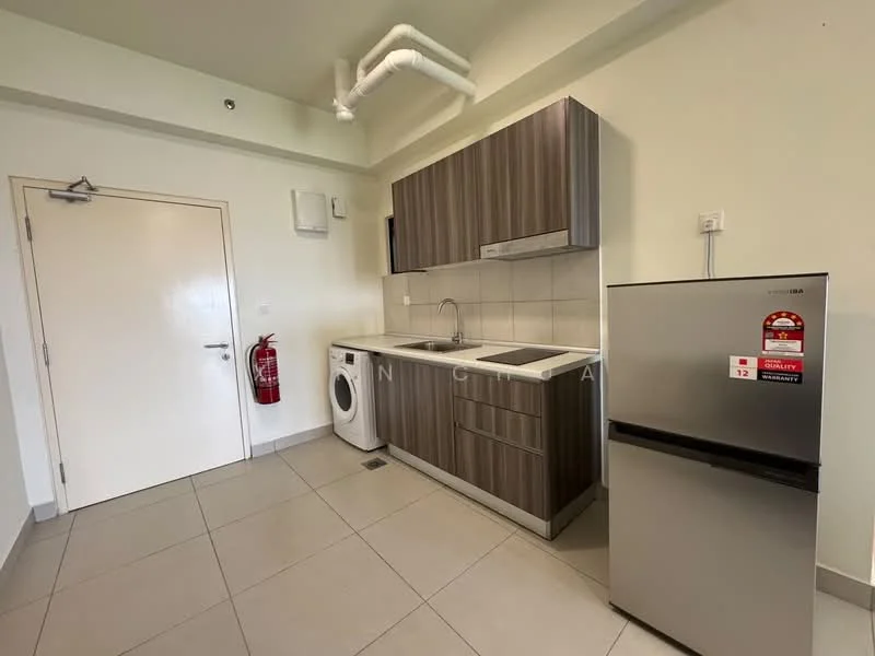 Kitchen features: grey wood cabinetry, stainless-steel sink, chrome pull-down faucet, built-in oven, freestanding fridge, ceramic tile flooring, white walls, fire extinguisher mounted on wall, exposed ductwork, wall-mounted air conditioning unit; style: modern.