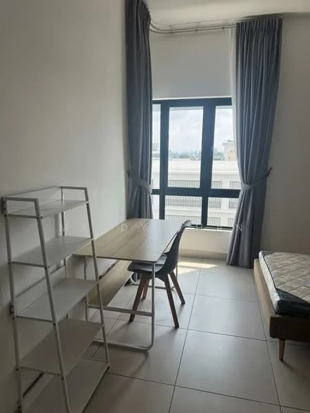 Bedroom features: single bed, mattress on bed frame, desk with chair, white shelving unit, grey curtains, floor-to-ceiling window, tile flooring, white painted walls; style: modern; view: city.