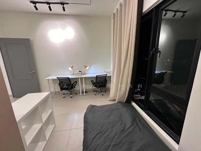 Study features: two study desks with white surfaces, two white office chairs, large window with black frame, sheer curtains, recessed ceiling lights, grey wall, tile flooring, decorative wall light, open shelving unit; style: modern; view: city.