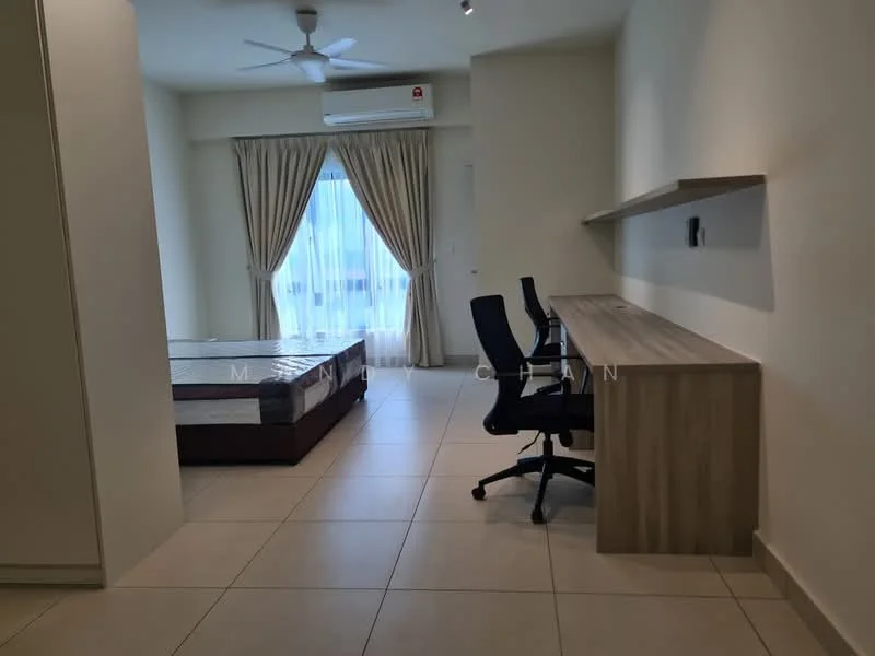 Room features: floor-to-ceiling window, sheer curtains, 2-seater study desk, 2 office chairs, queen-size bed, light-colored walls, ceiling fan, air conditioning unit, tile flooring; style: modern.