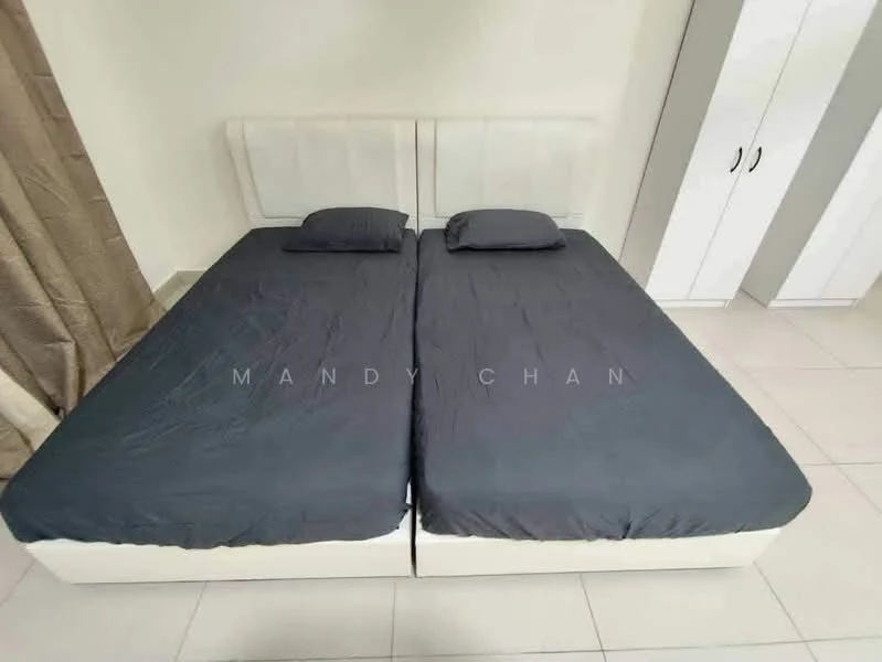 Bedroom features: two single beds with grey bedding, upholstered headboard in white, two grey pillows, white wardrobe with two doors, cream curtains, tile flooring, neutral wall color; style: modern.