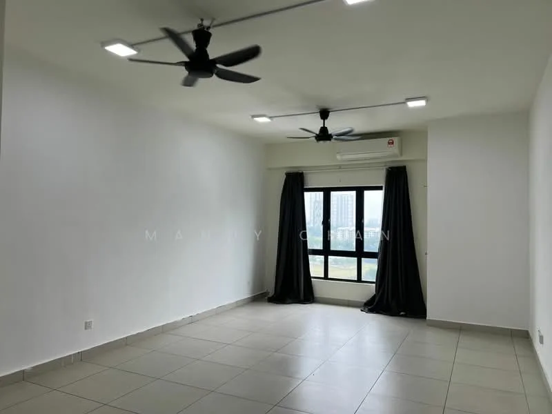Living features: white painted walls, tile flooring, 2 ceiling fans, floor-to-ceiling windows, blackout curtains, air conditioning unit, recessed LED downlights; style: modern; view: city.