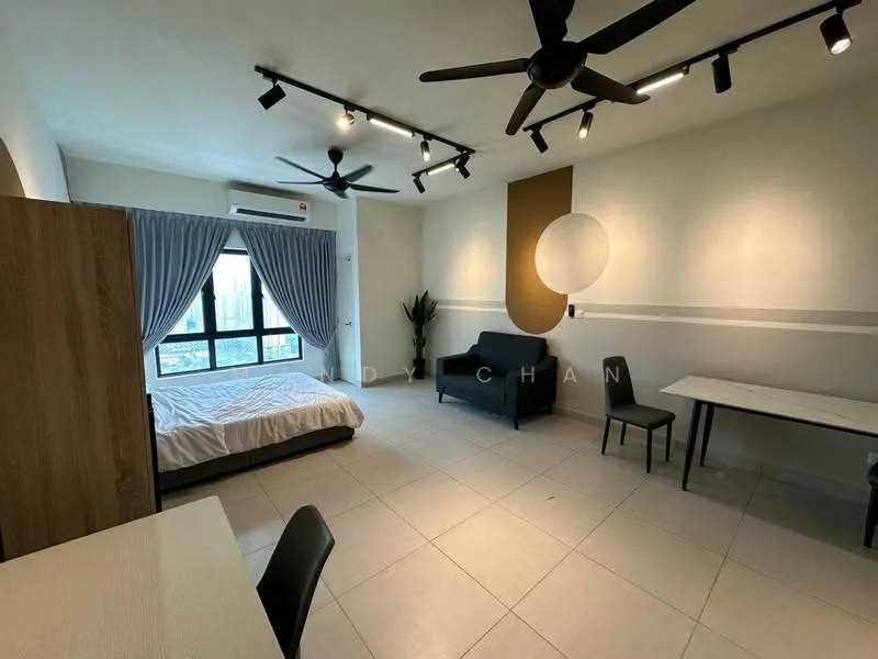 Bedroom features: queen-size bed with white bedding, 2 ceiling fans, floor-to-ceiling windows, grey curtains, wooden wardrobe, black fabric sofa, white study desk, black chair, light-colored tiled flooring, decorative wall with circular accent, recessed lighting, air conditioning unit; style: modern; view: city.